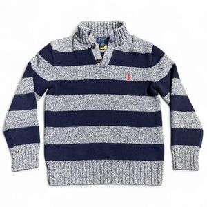 Polo Ralph Lauren Boys Striped Mock-Neck Button Sweater – Blue & Gray